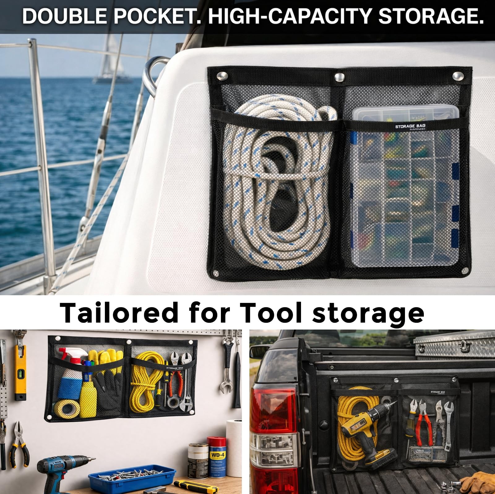Black Large Marine Mesh Double Pocket Boat Gear Storage Bag Screw Snap Mount