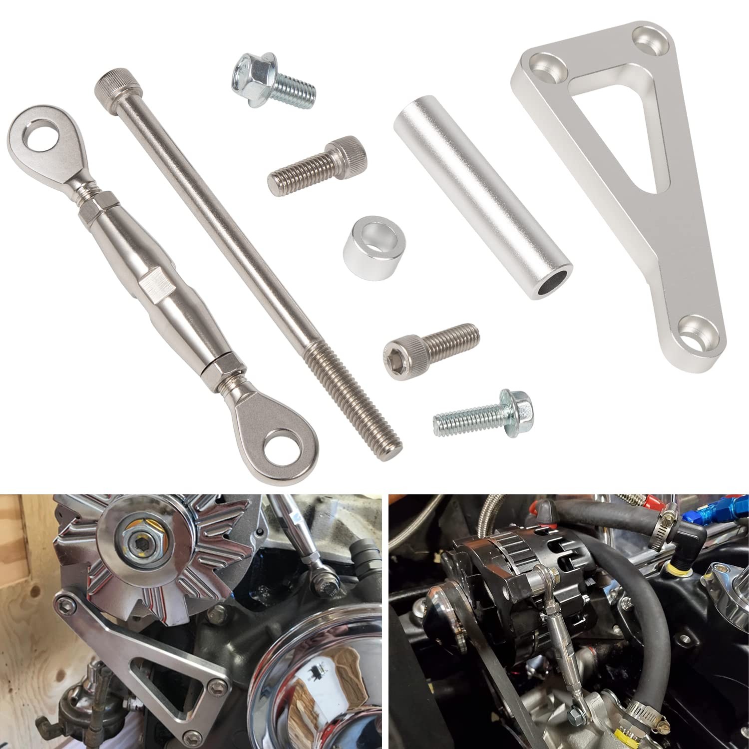 Billet Alternator Bracket Adjustable Kit Fits for Chevy SBC 305 327 Silver