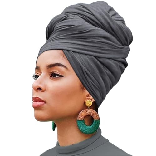 1 Piece Stretch Head Wrap Jersey Turban Long Hair Scarf Soft Z1 Dark Gray