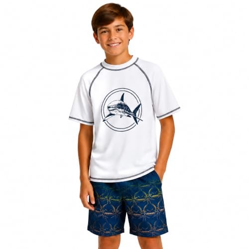 iXtreme Boys Swim Set – 2 Piece Rash Guard Short Sleeve Swim 5 White/Blue Shark