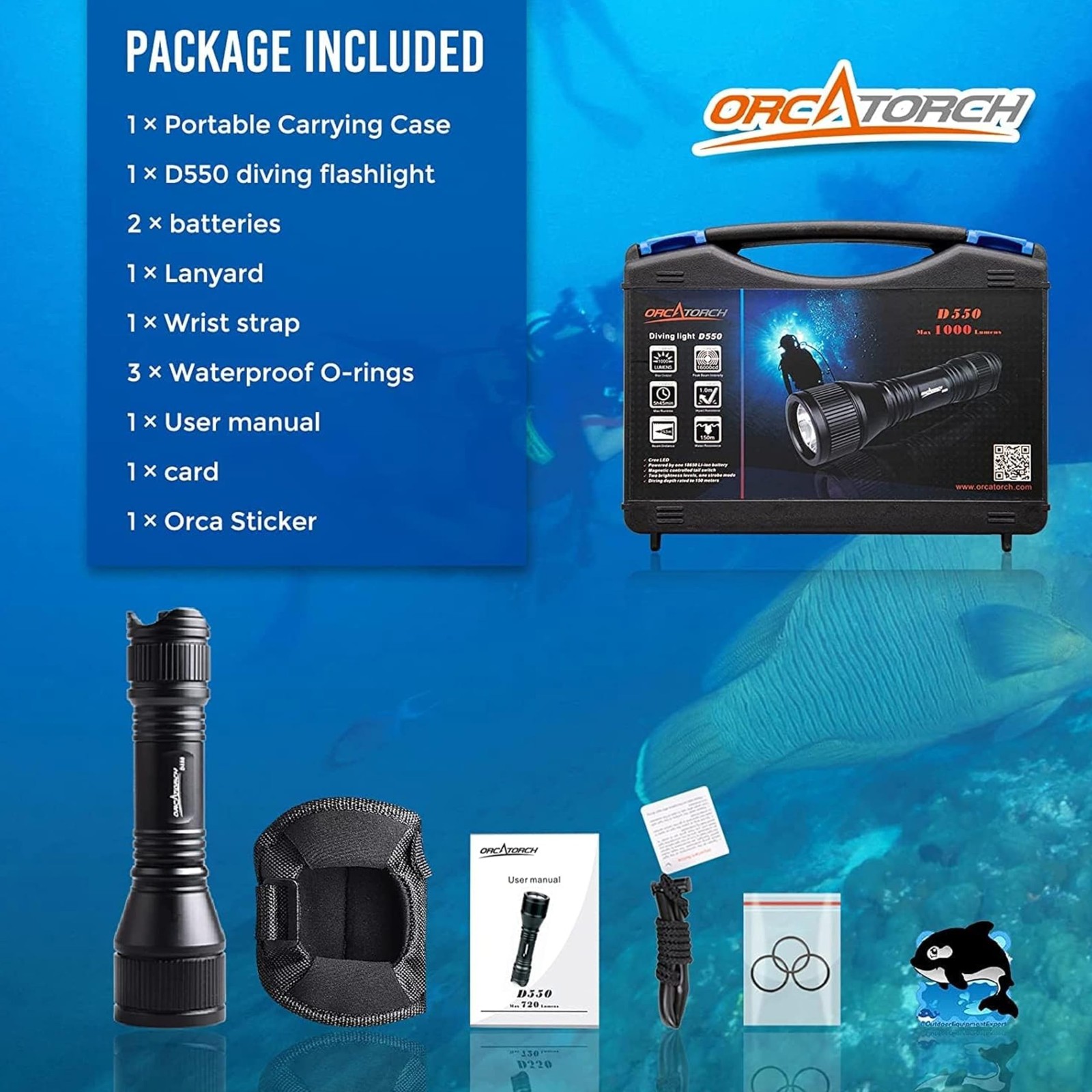 ORCATORCH D550 Dive Light 1000 Lumens Scuba Diving Flashlight 3 Modes IP68 Wa…