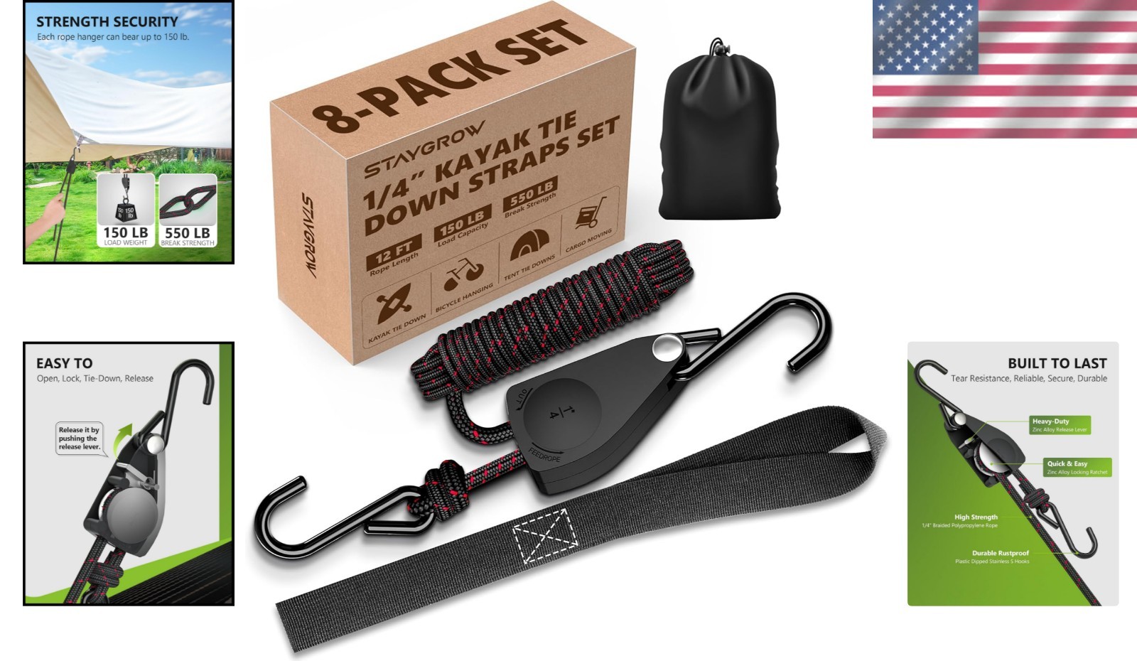 Safety-Enhanced Kayak Tie Down Straps 8-Pack – Adjustable Ratchet System, 150 lb