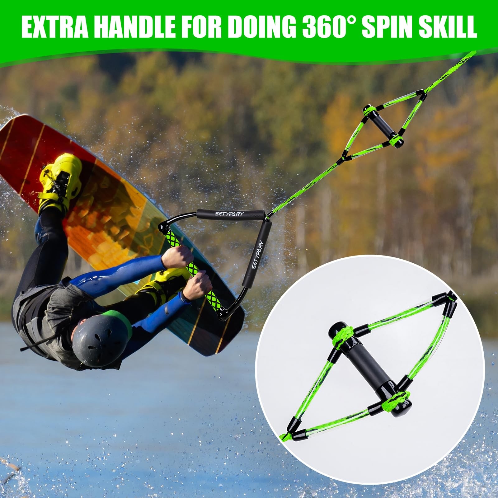 SETYPARY 75FT Wakeboard Rope and Handle, Floating Water 75ft, Green & Black