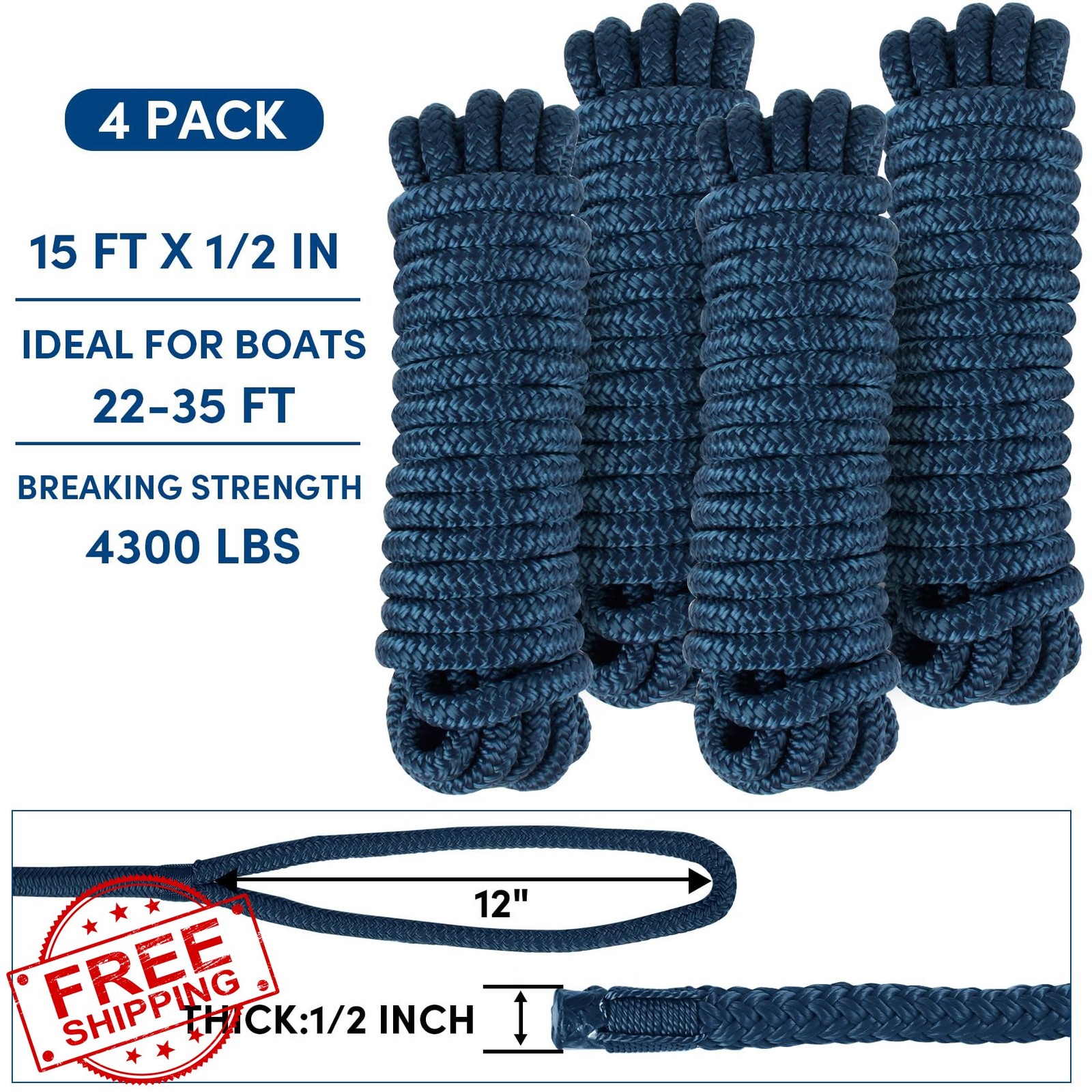 Boat Dock Lines Double Braided Mooring Rope Loop 2/4 Pack