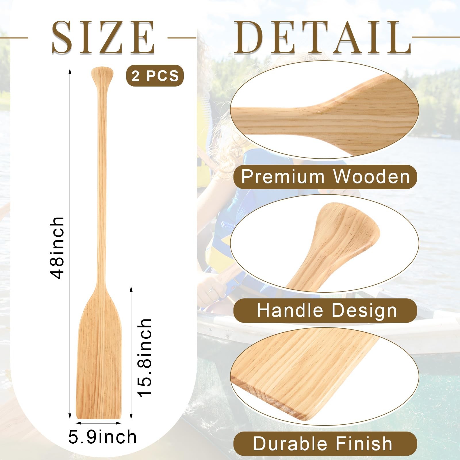 Silipull 2 Pcs 2.5-4ft Wooden Canoe Oar Paddle, 30-48” 4 Ft, Light Brown