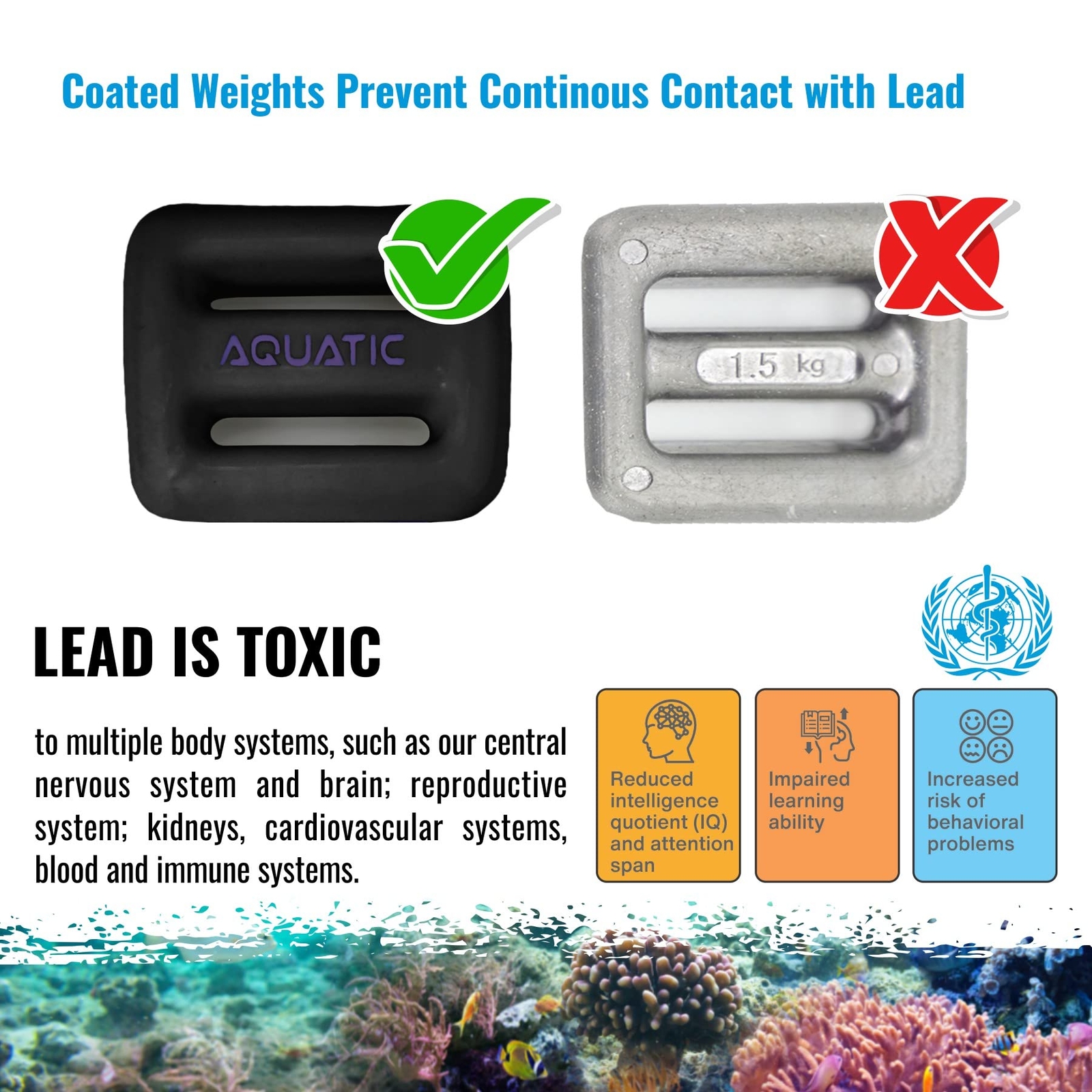 AQUATIC – Dive Weights – 1.1lb or 2.2lb or 3.3lb 0.5Kg or 1Kg or 1.5Kg – Coat…