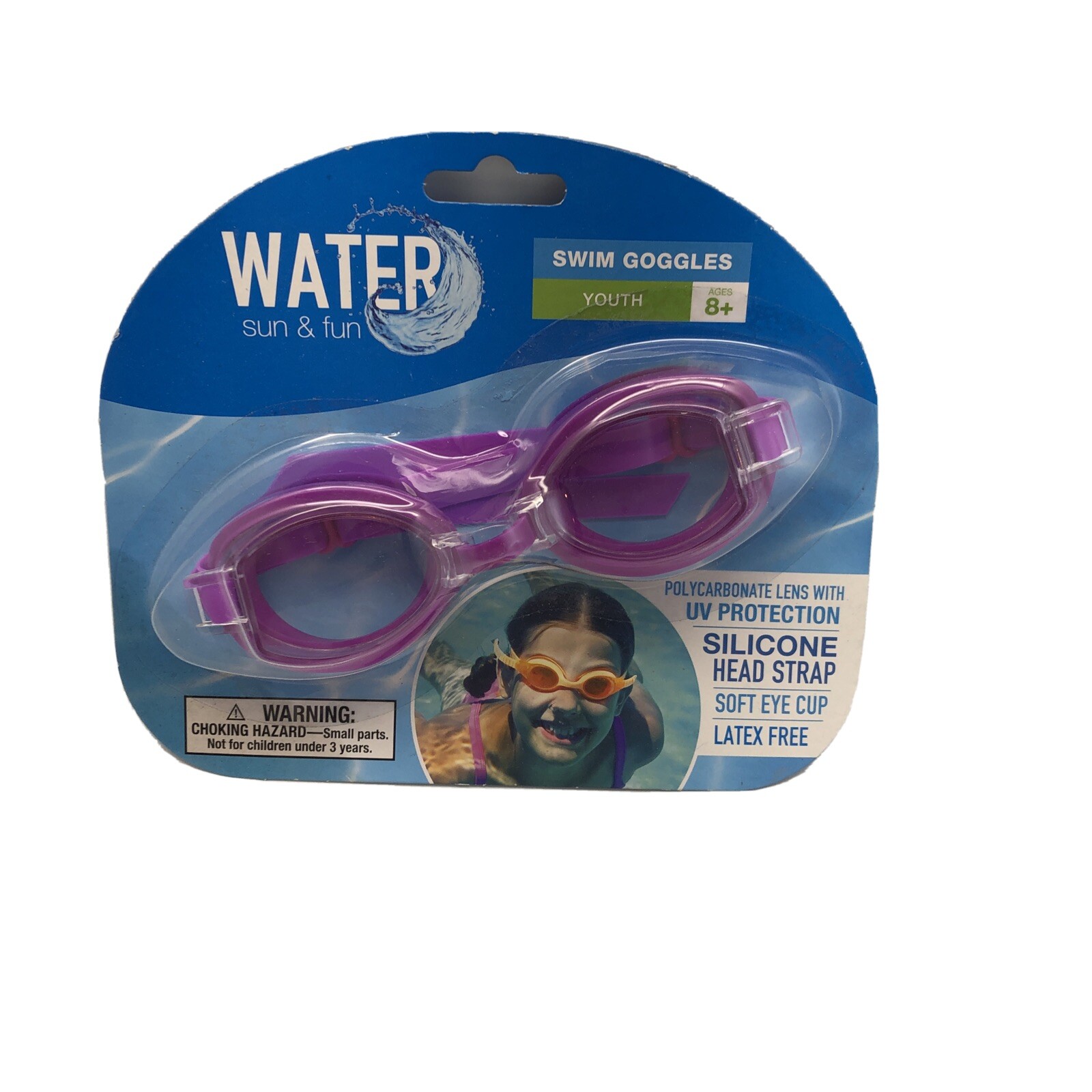 Water Sun & Fun Purple Swim Goggles Polycarbonate Lens w/UV Protection 8+ New