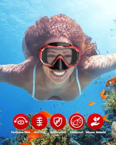 Swim Goggles with Nose Cover,Latest HD 3-Window Wide Adults 1 Pack Black Red