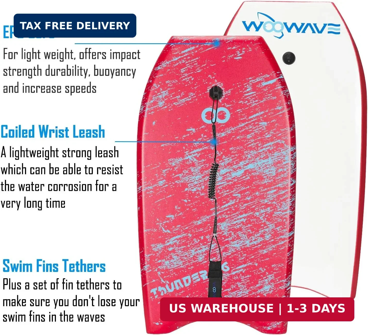 WOOWAVE Bodyboard 33-inch/36-inch/41-inch Super Lightweight Body Board with Coil