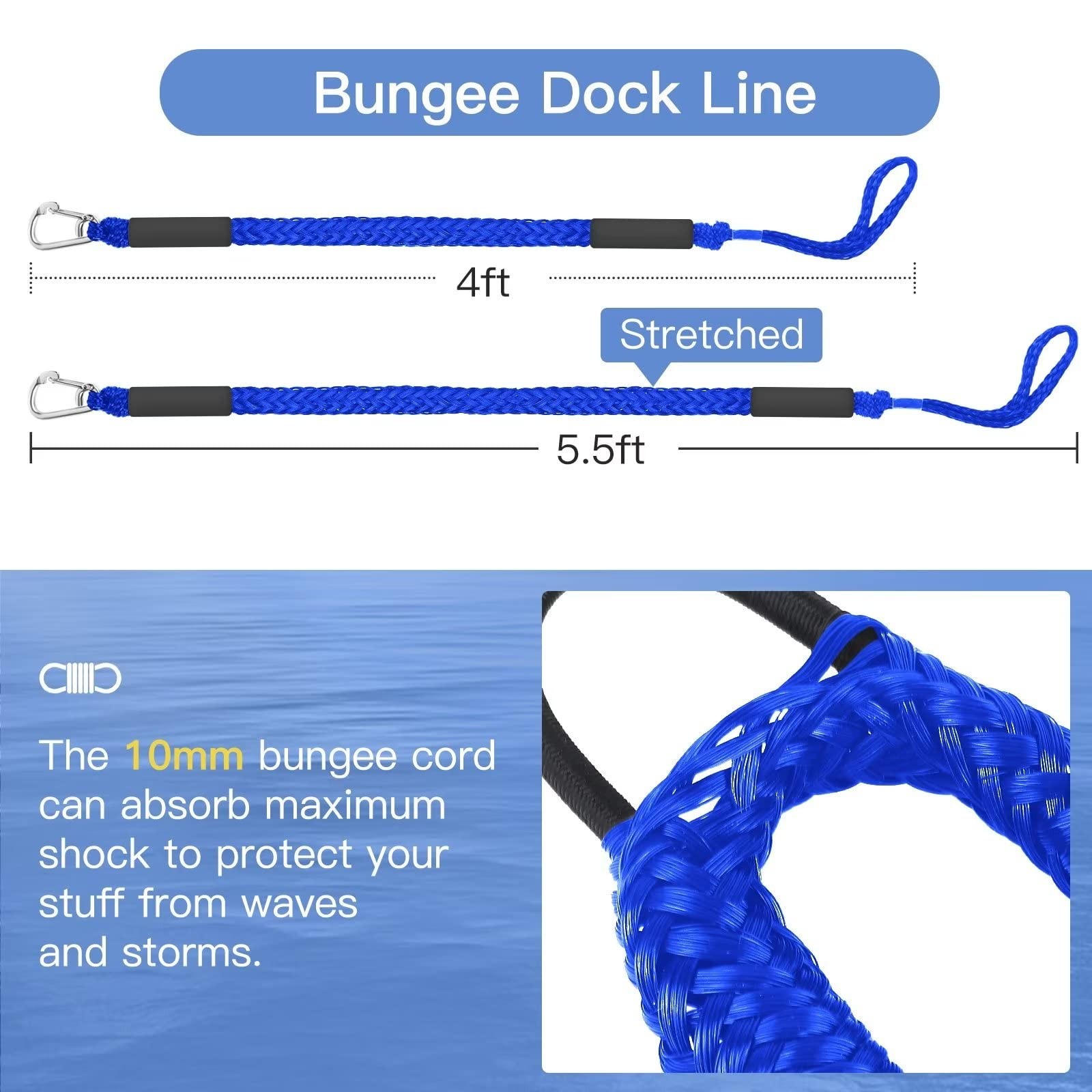 Boat Bungee Dock Lines,Jet Ski 4 feet stretches to 5 1/2 feet, 2 Pack Bue