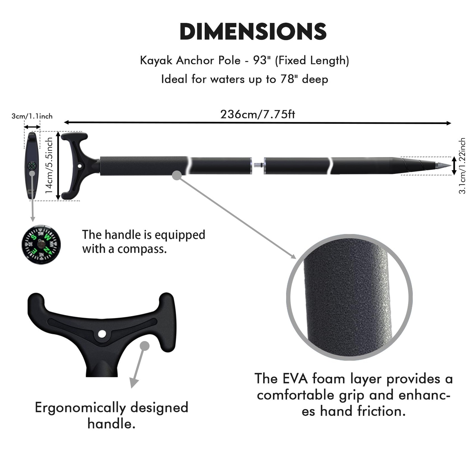 2006 7.75′ Anchor and Push Pole, Floating Shallow Water Anchor Pole with T-Ha…