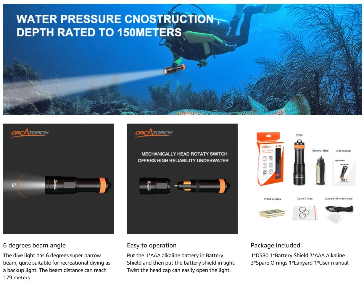 ORCATORCH D580 Scuba Dive Light, Max 530 Lumens Underwater Flashligh w/ 6Degrees