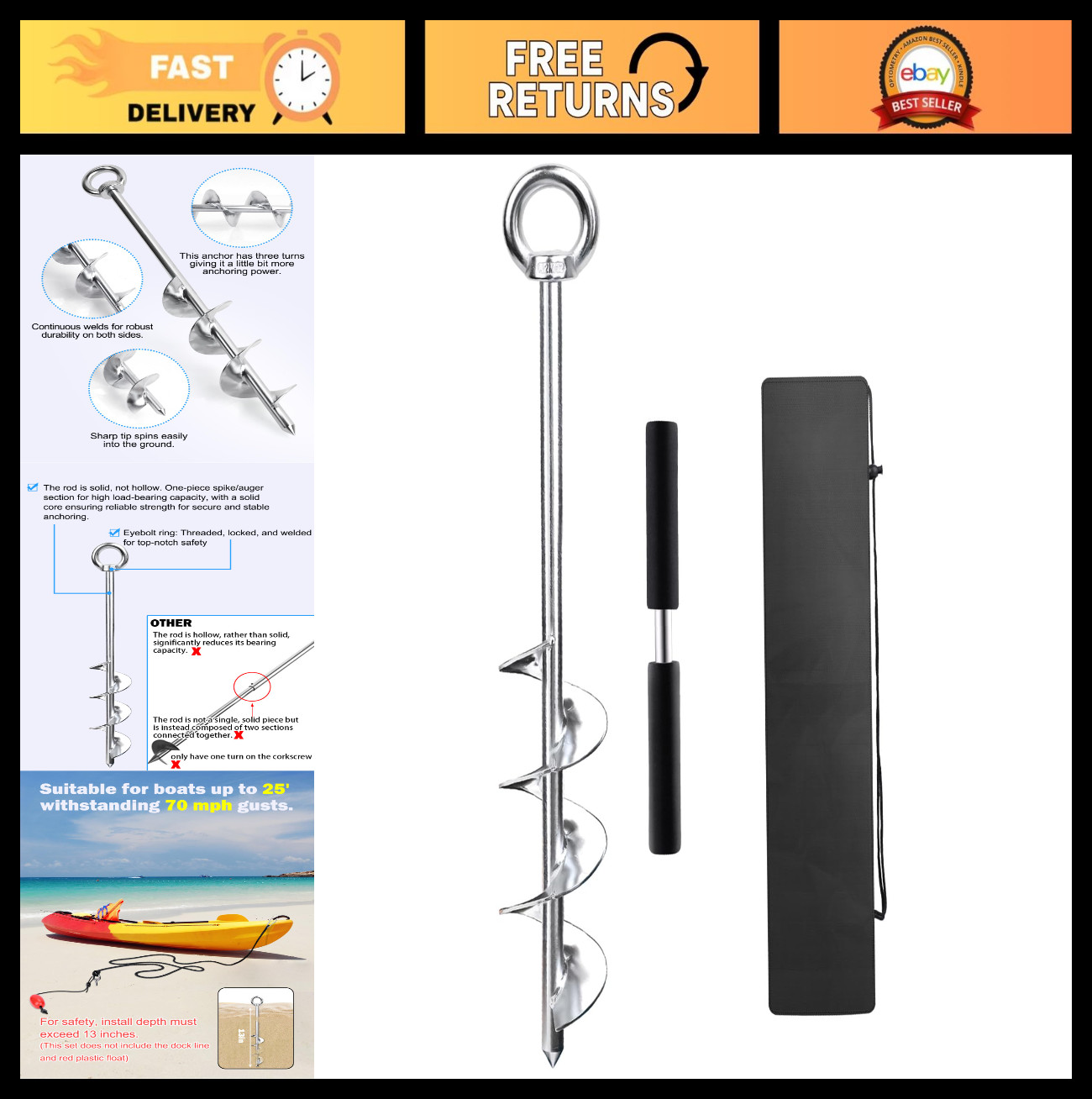 17″ Stainless Steel Sand Anchor Kit – Triple Spiral Auger for Boats up to 25′