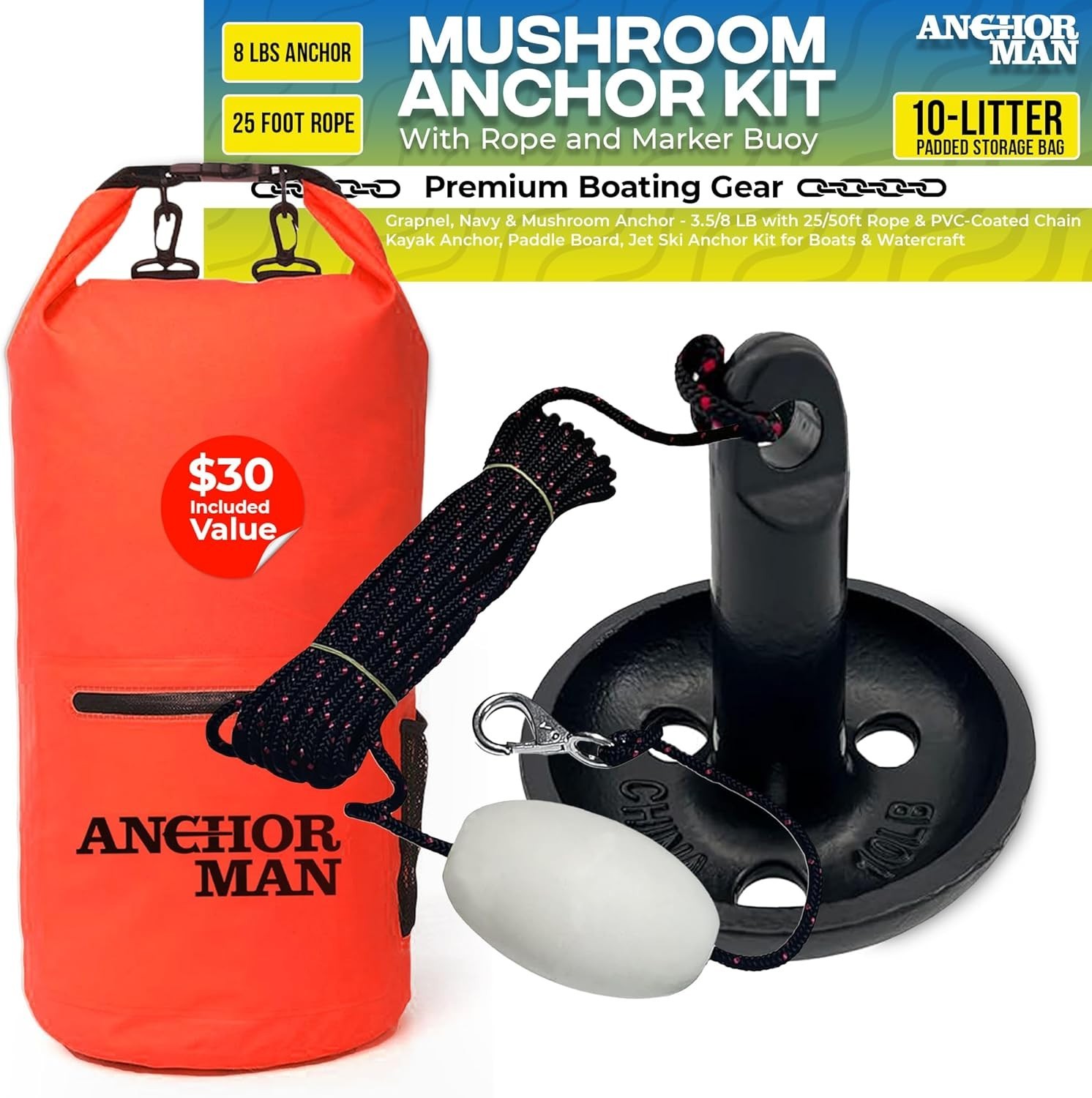 Anchor-Man 8 LB Folding Kayak Complete Grapnel Anchor – 10L Storage Kayak Anchor