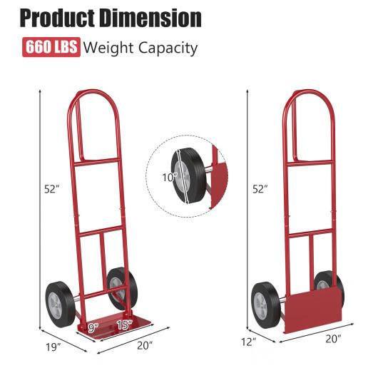 P-Handle Sack Truck with 10 Inch Wheels and Foldable Load Area-Red – Color: Red