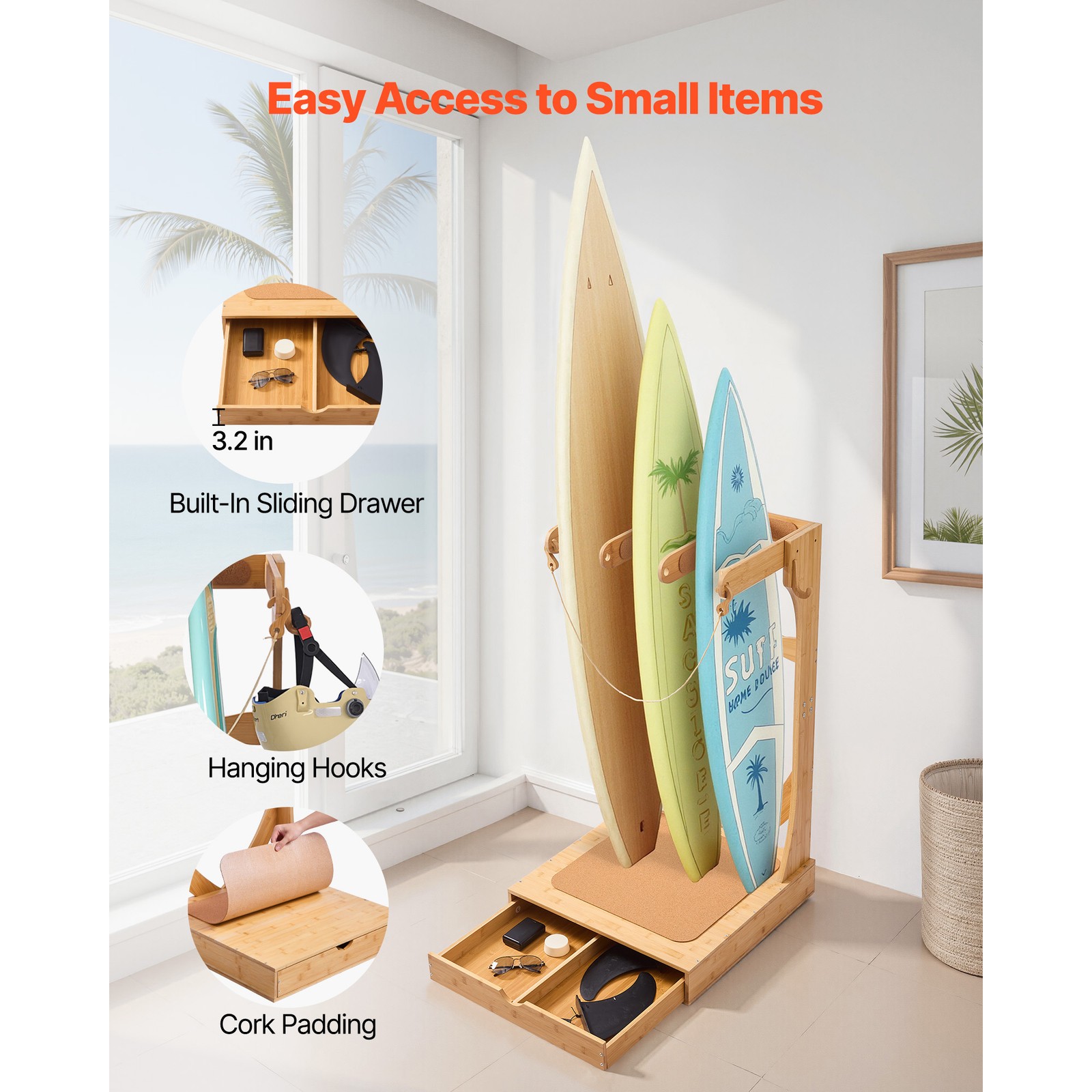 Uimoso Vertical Surfboard Rack 3 Tiers Wooden Stand for Storage and Display