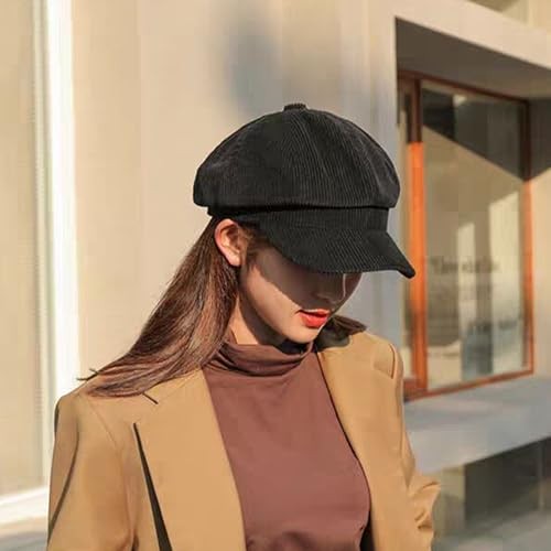 Men Women Retro 8 Panels Corduroy-Newsboy Hat with Brim Y2k Medium-Large Black