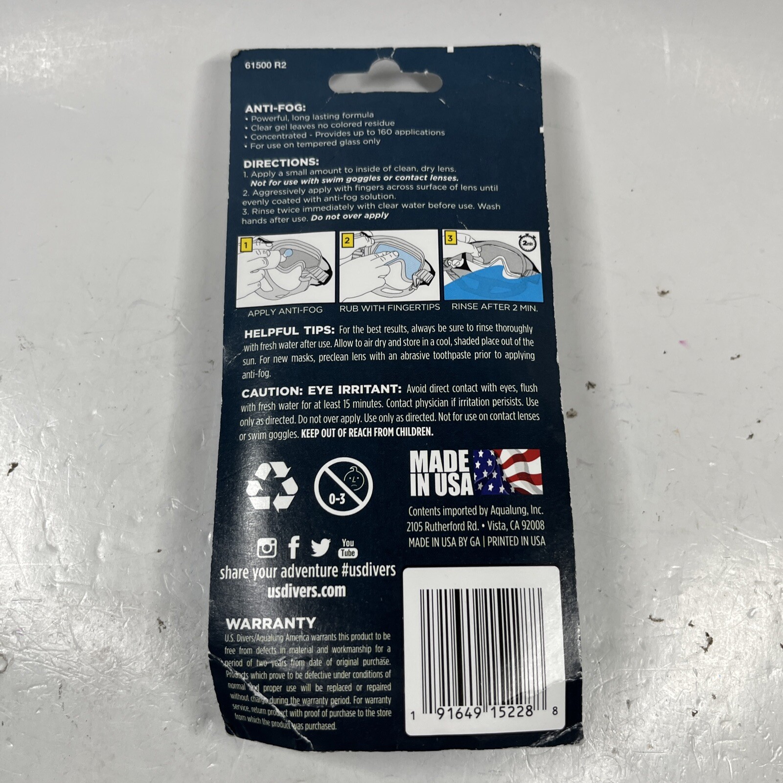 U.S. Divers Anti-Fog Snorkeling Tempered Glass Solution 1.25 oz Sealed