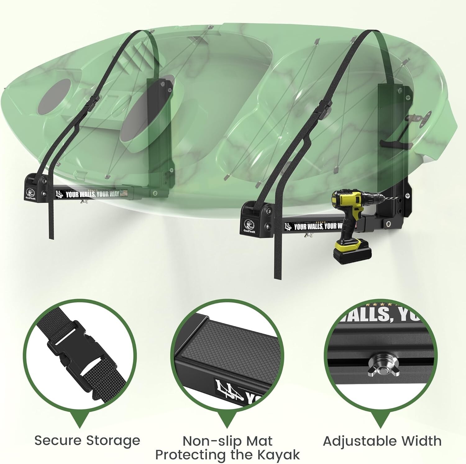Foldable Kayak Wall Rack | Heavy-Duty 9.5-13.8″ Kayak Storage Rack Hanger