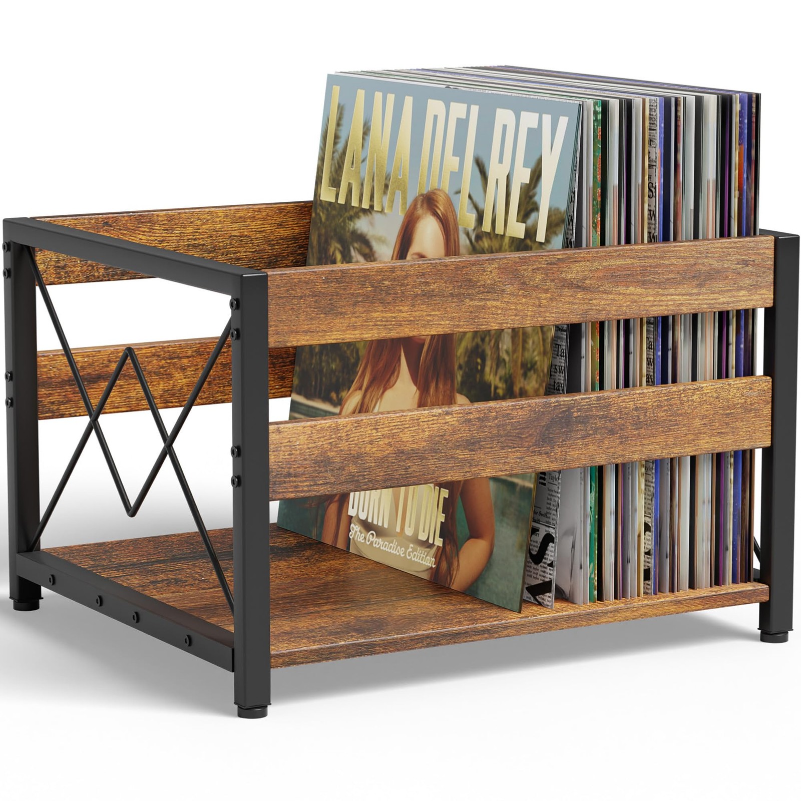 Y&M Vinyl Record Storage Crate, Wooden Cube Brown Black (1 Pack), Retro