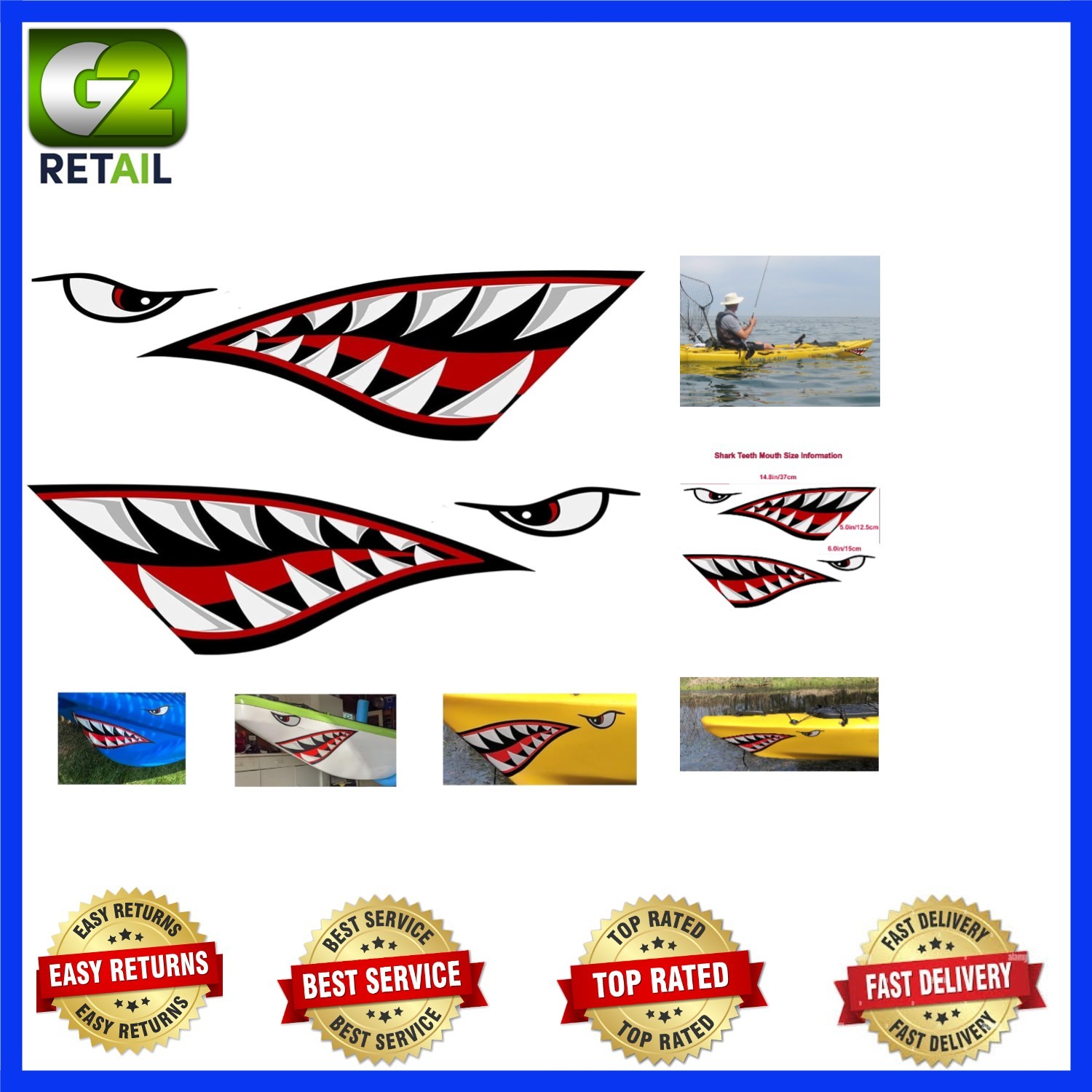 2 Pieces Shark Teeth Mouth Kayak Stickers, Waterproof DIY Funny Shark Teeth Mout