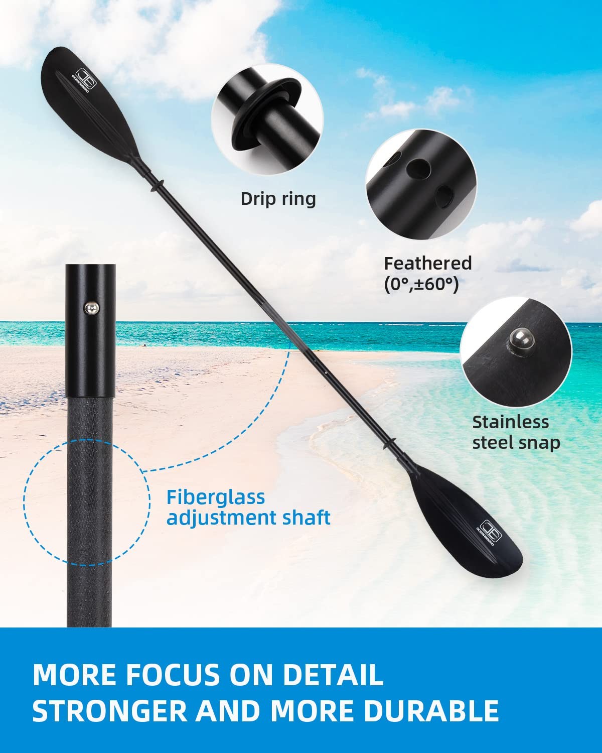 Adjustable Kayak Paddle 86in/220cm to 94in/240cm with Paddle Leash 1 Paddle