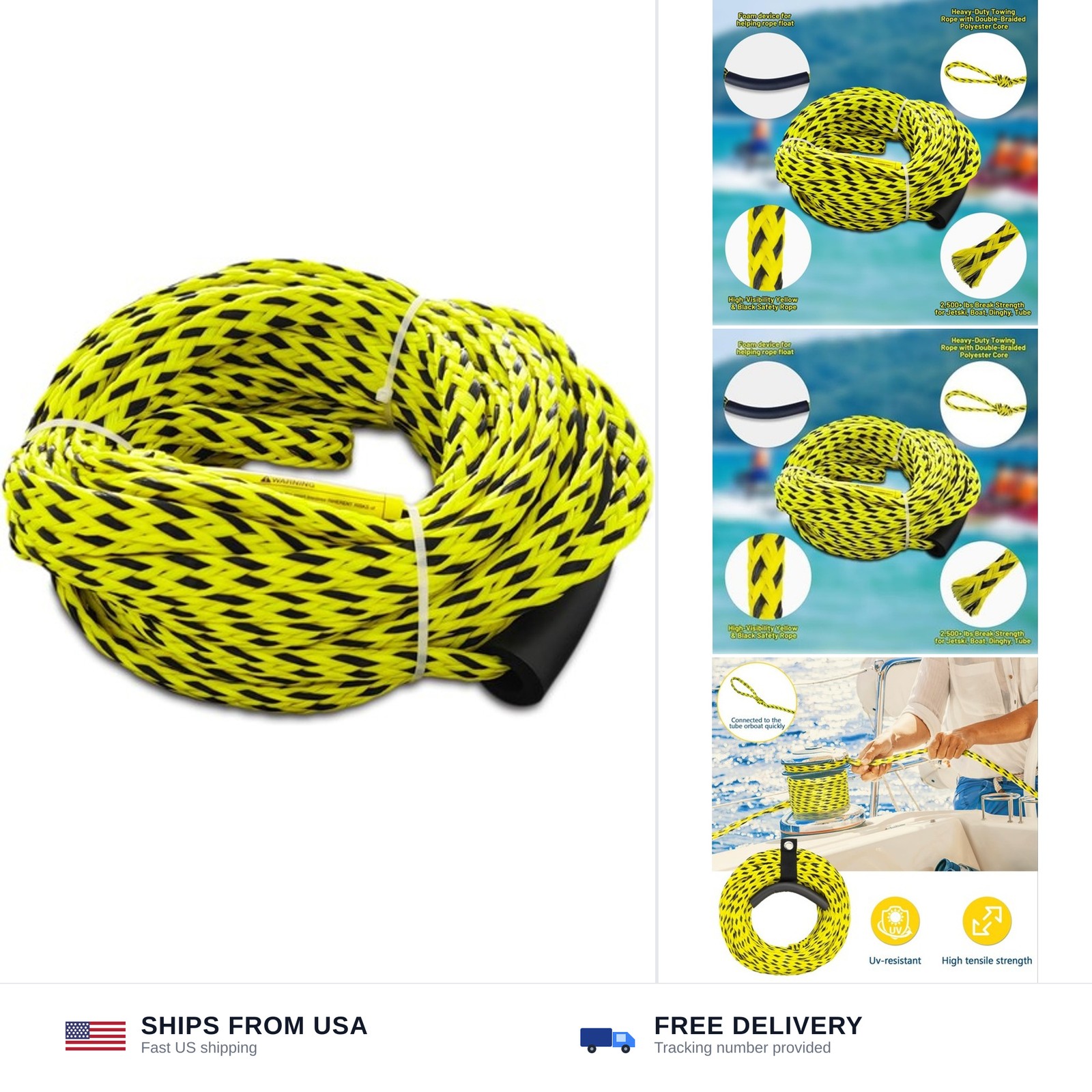 Boat Tow Rope for Tubing, 60FT Tube Boating Ropes Heavy Duty Thick for Ski Fl…