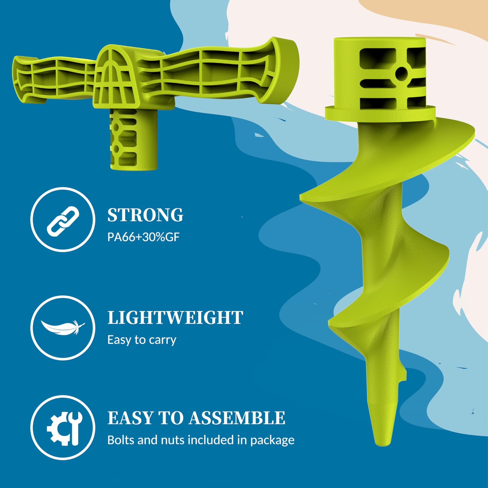 sailpref Dock Auger Kit, PA66+30% GF Handle and for PVC 1pack, Green