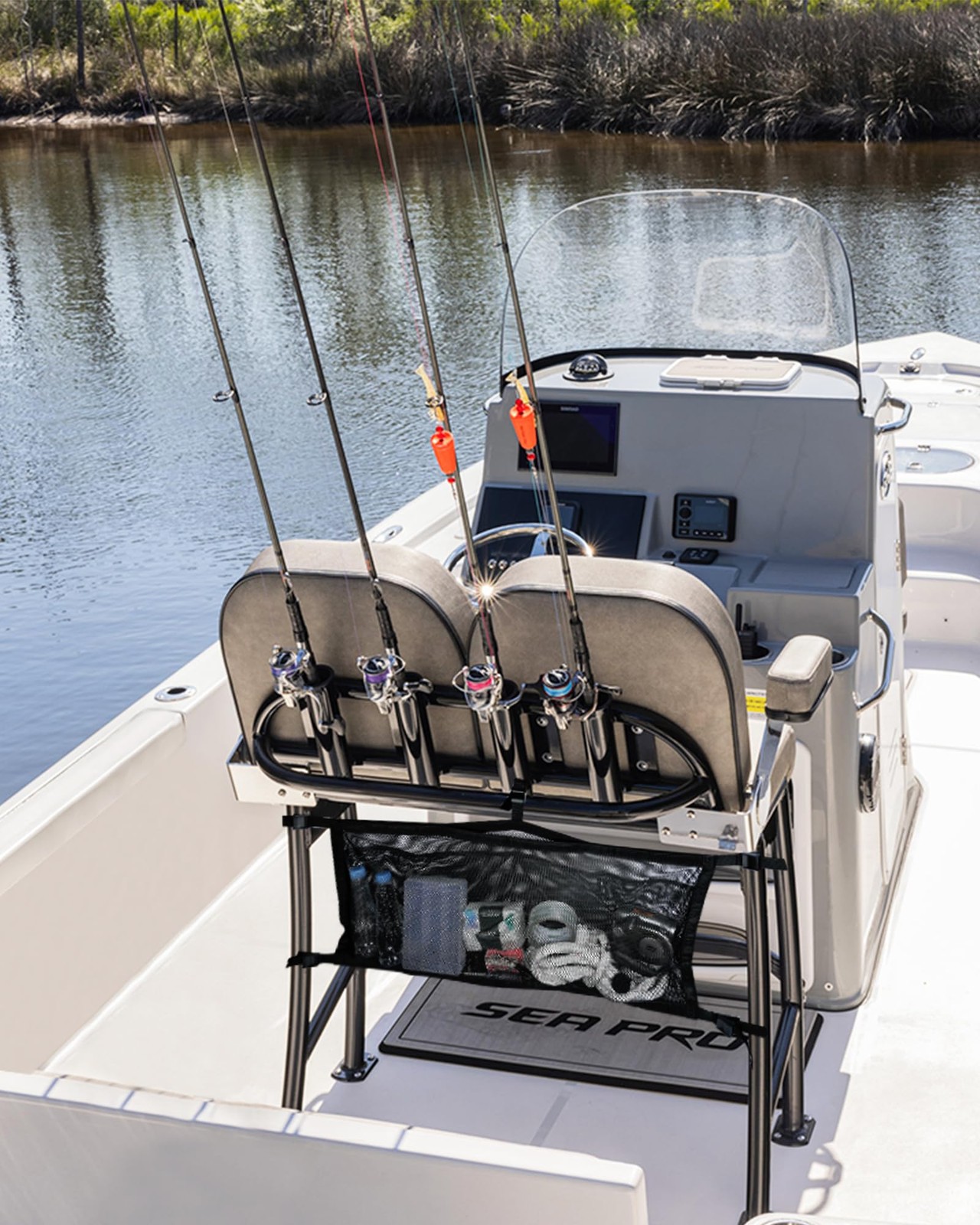 1 PCS 32″ Boat Storage Bag 3 Divisions Adjustable Mesh Organizer Leaning Post