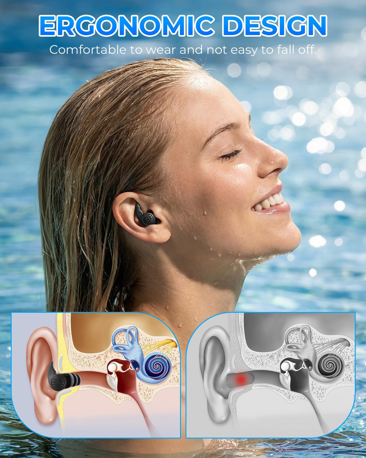 3 Pairs Swimming Earplugs Waterproof 1 pair (Pack of 3), Black-blue-gray