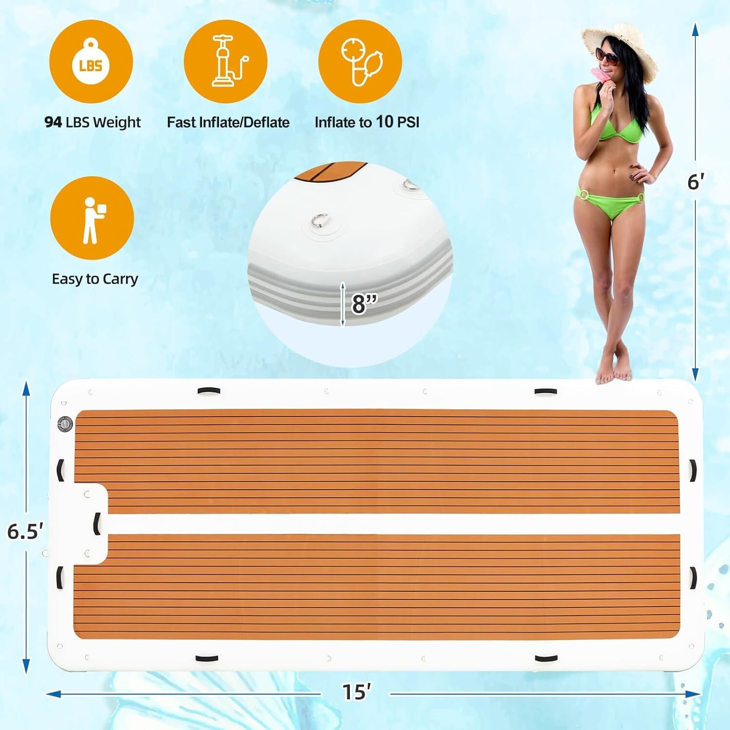 Danrelax 15’x6.5′ Inflatable Dock,Electric Pump for 1-Min Inflate, Fits 15