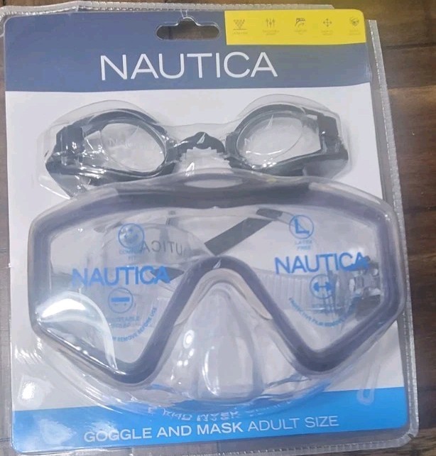 Adult Size Swimming Goggles and Mask Nautica and Mask 2 Piece Set Latex Free