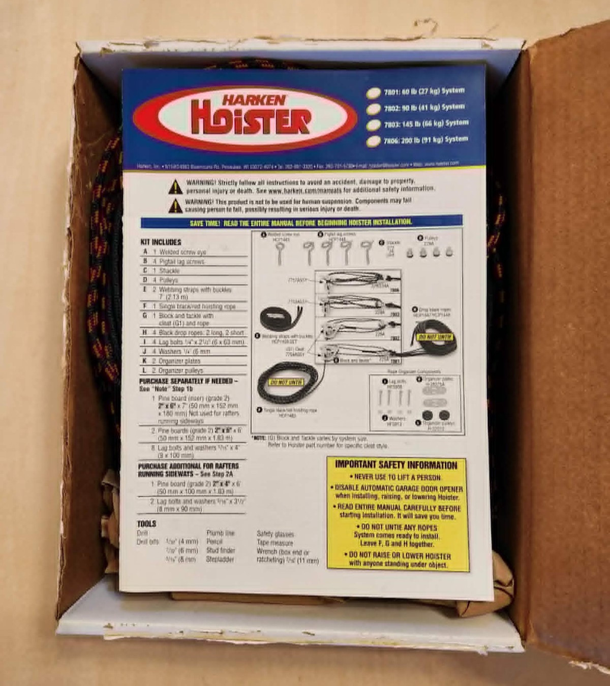 Harken Hoister 7802B.16 4 Point Garage Storage Hoist 90 lb Kayak Canoe