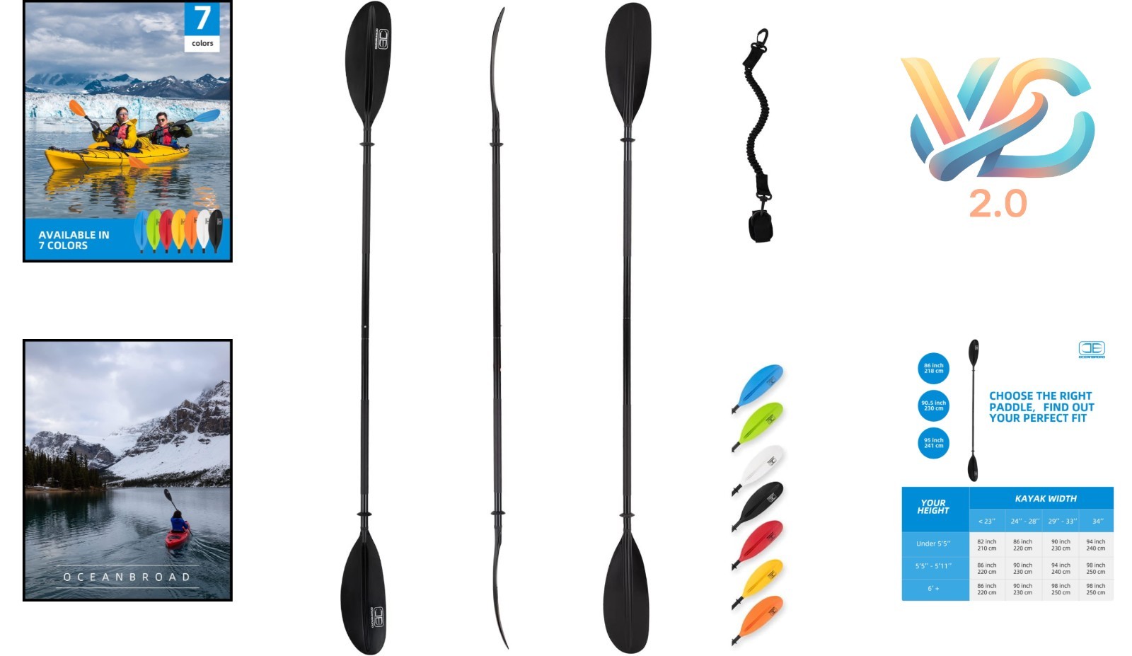 Alloy Kayak Paddle 86-95in with Leash Aluminum Shaft All-Season Black