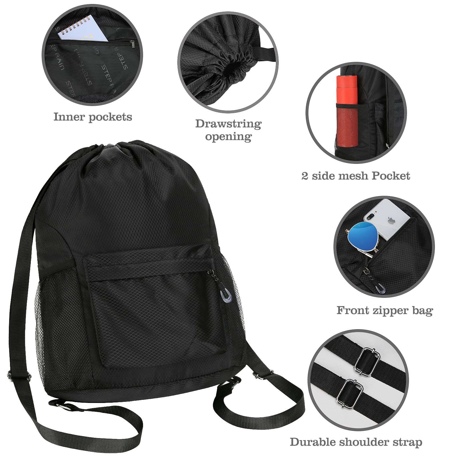 Waterproof Drawstring Bag, Lightweight String Backpack with Large, Black