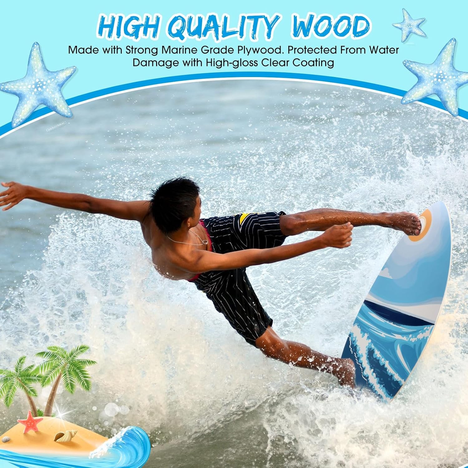 2 Pack 35 Inch Skimboard with High Gloss Coat Wooden Skim Boards Beach Skimboard