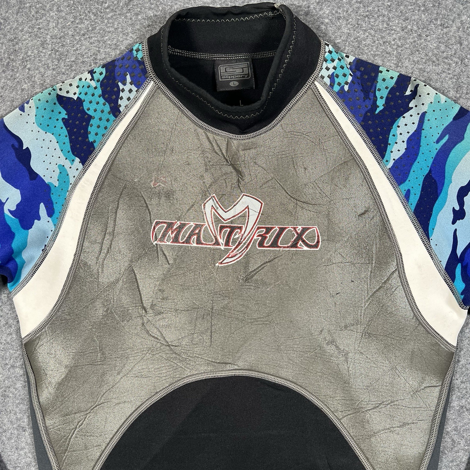Slippery Matrix Wetsuit Long Sleeve Top L Blue Camo Pullover Neoprene Swim Surf