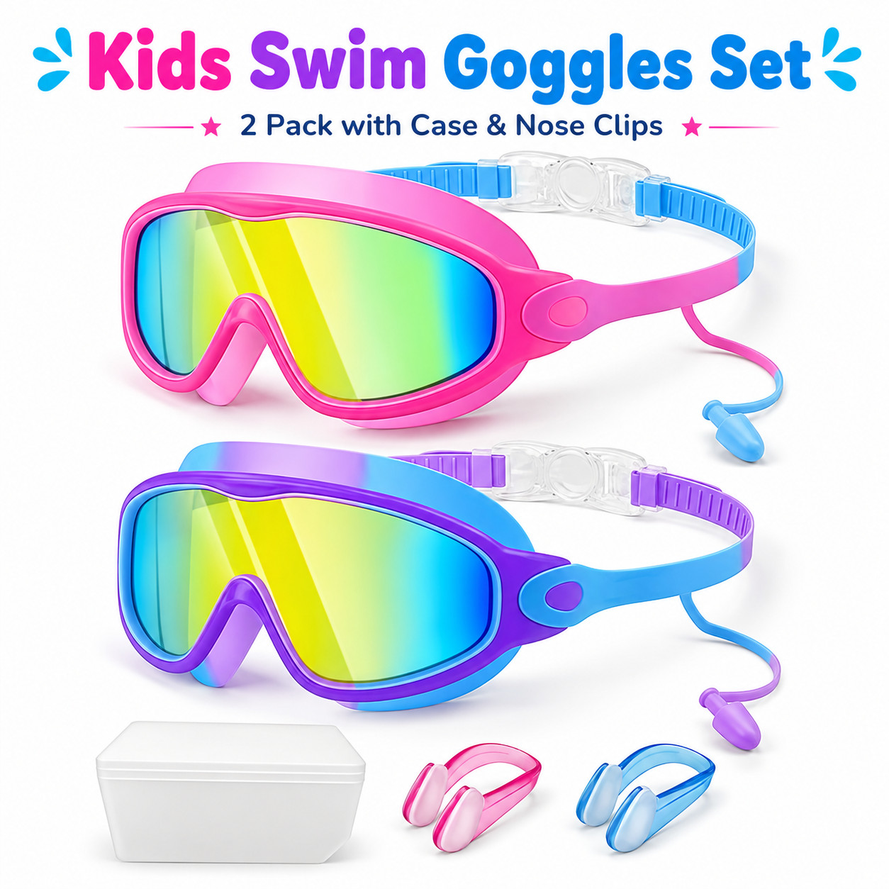 Kid’s Swim Goggles-2 Pack，Wide View Anti-Fog UV Protection Adjustable Strap