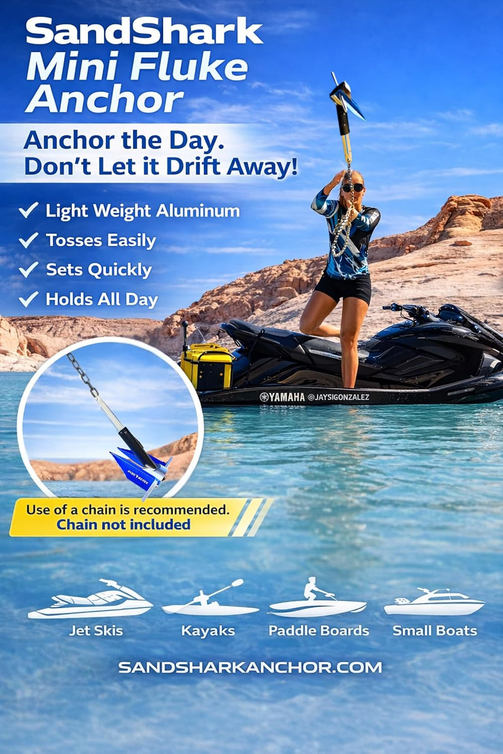Sandshark Premium Fluke Anchor-Retractable Shaft Easy Storage-Aluminum Pontoon B