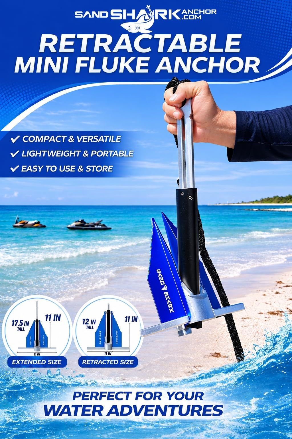 SandShark Premium Fluke Anchor-Retractable Shaft Easy Storage-Aluminum Pontoo…