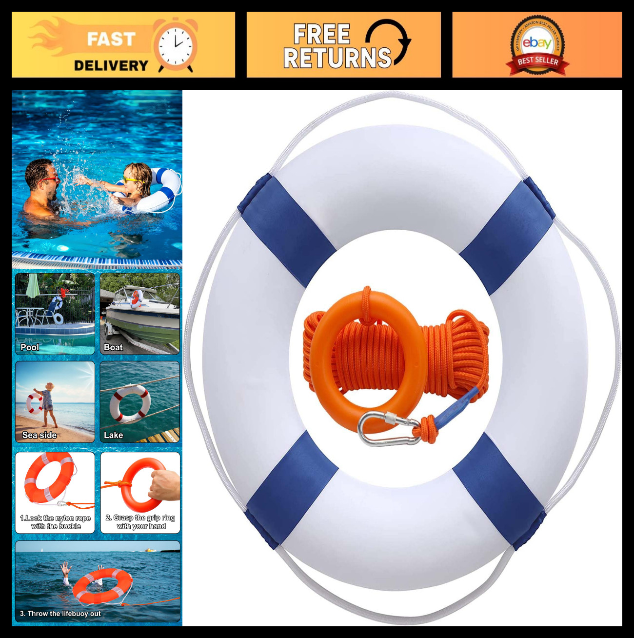 20″ Life Preserver Ring & 98.4FT Floating Lifesaving Rope, Pool Safety Buoy, Thr