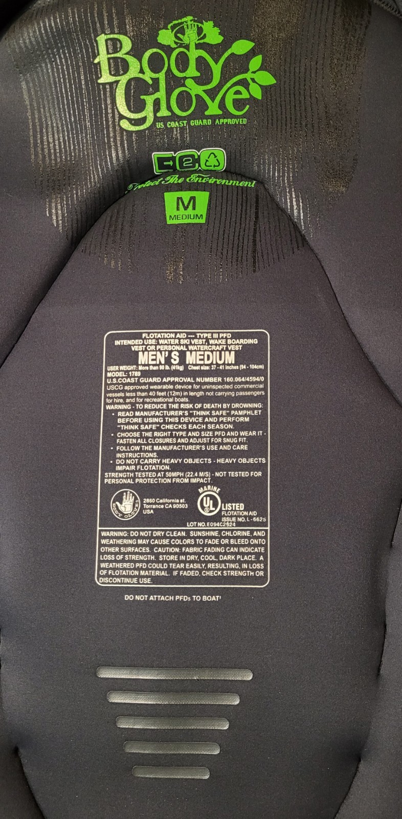 Body Glove Men’s Medium USCG Type III PFD Life Jacket Gray/Green Buckle