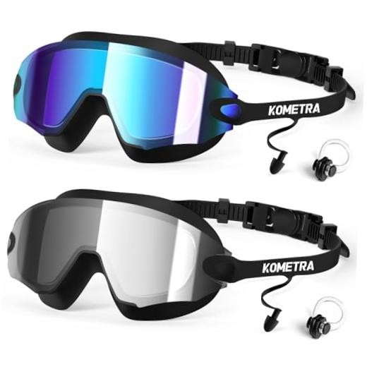 2 Pack Adult Swim Goggles, Black & Blue Lenses + Black & Silver Lenses