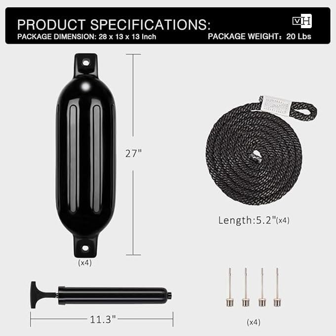 VIVOHOME Vinyl Ribbed Boat Fenders 4 Pack, 6.5 Inch x 24 Inch, Black