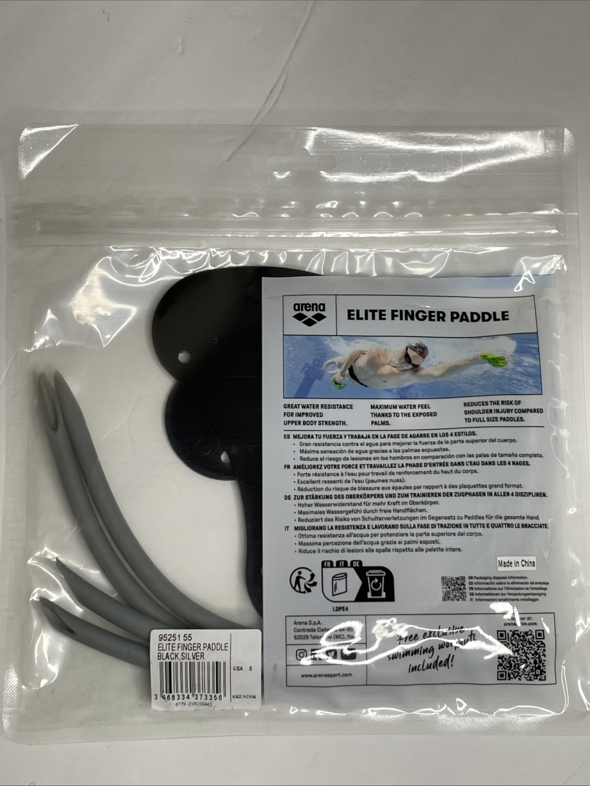Arena Elite Finger Paddle Black/Silver Swimming Hand Paddles 95251-55