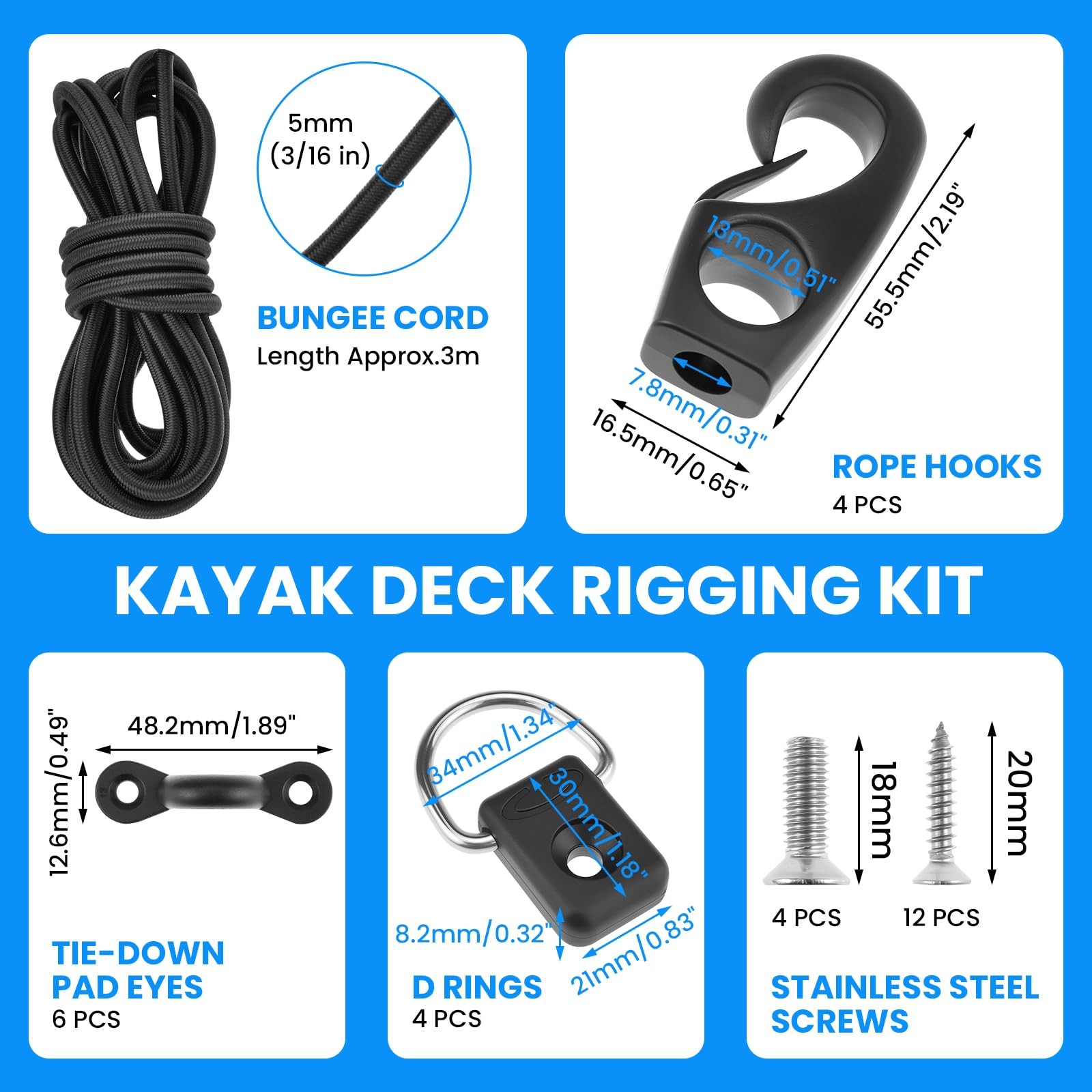 Kayak Deck Rigging Kit 9.8 Ft Bungee Cord Hooks D-Rings Tie Down Pad Eyes