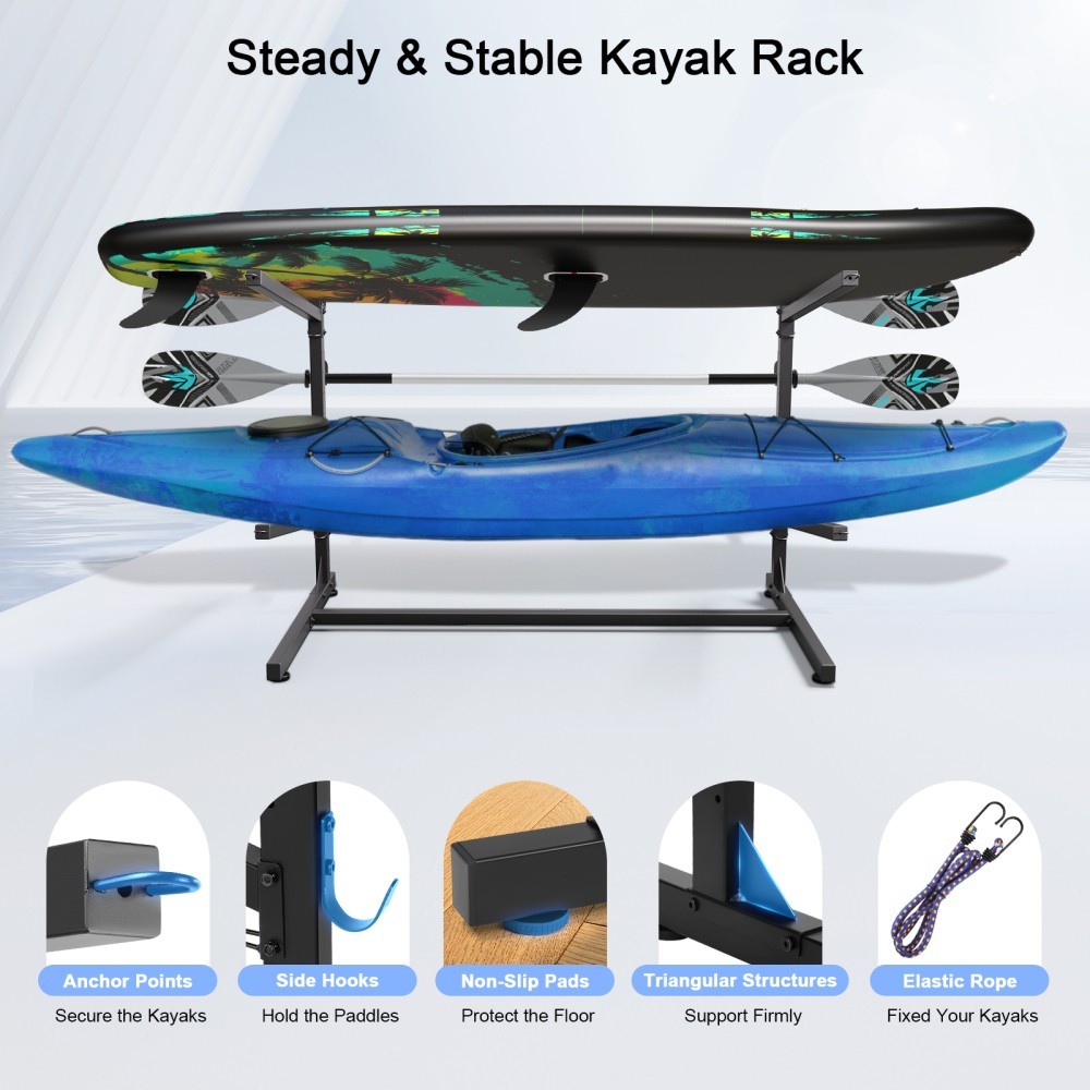Kayak Storage Rack, Indoor & Outdoor Freestanding Adjustable for 2Kayak Canoe