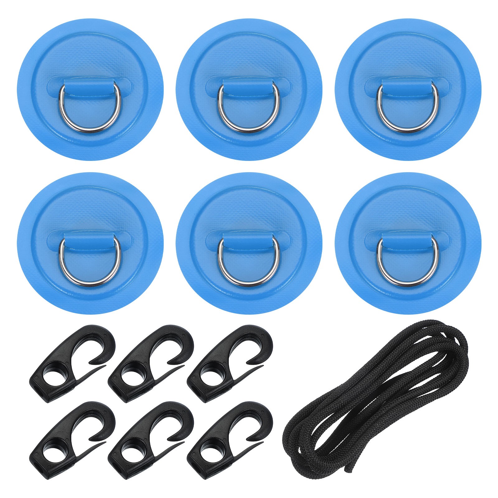 6Pcs Stainless Steel D-Ring Patch Round Patch with Elastic Cords & Hooks Blue