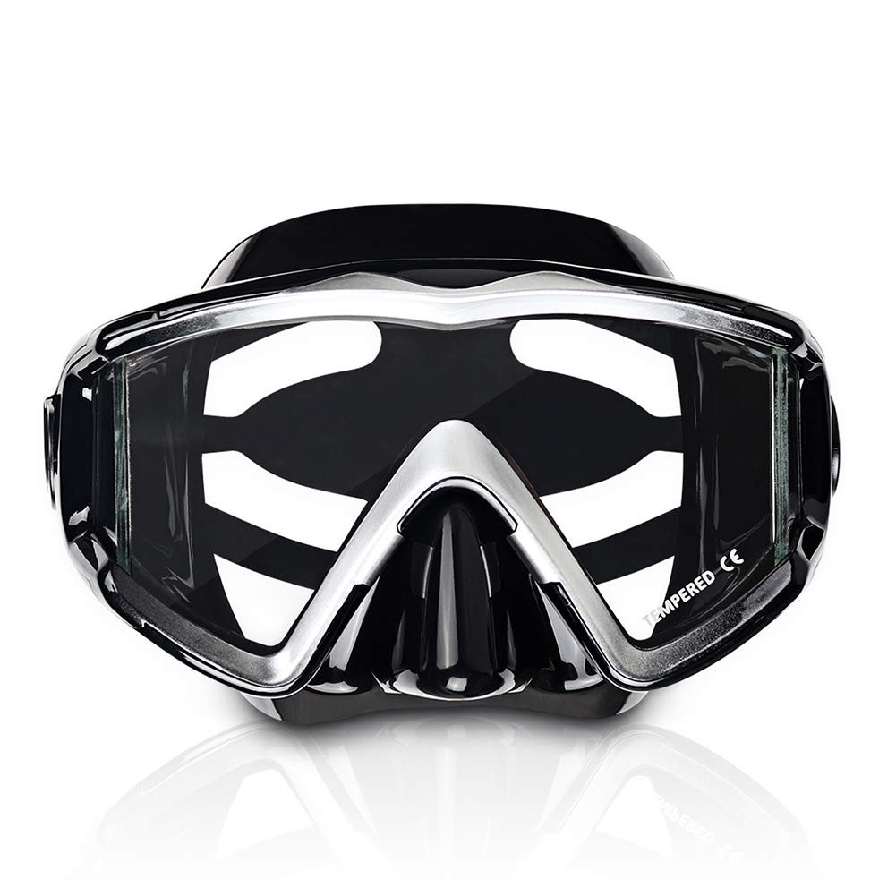 Adult Pano 3 Window Scuba Diving Mask, Tempered Glass Snorkel Mask Anti-Fog Swim