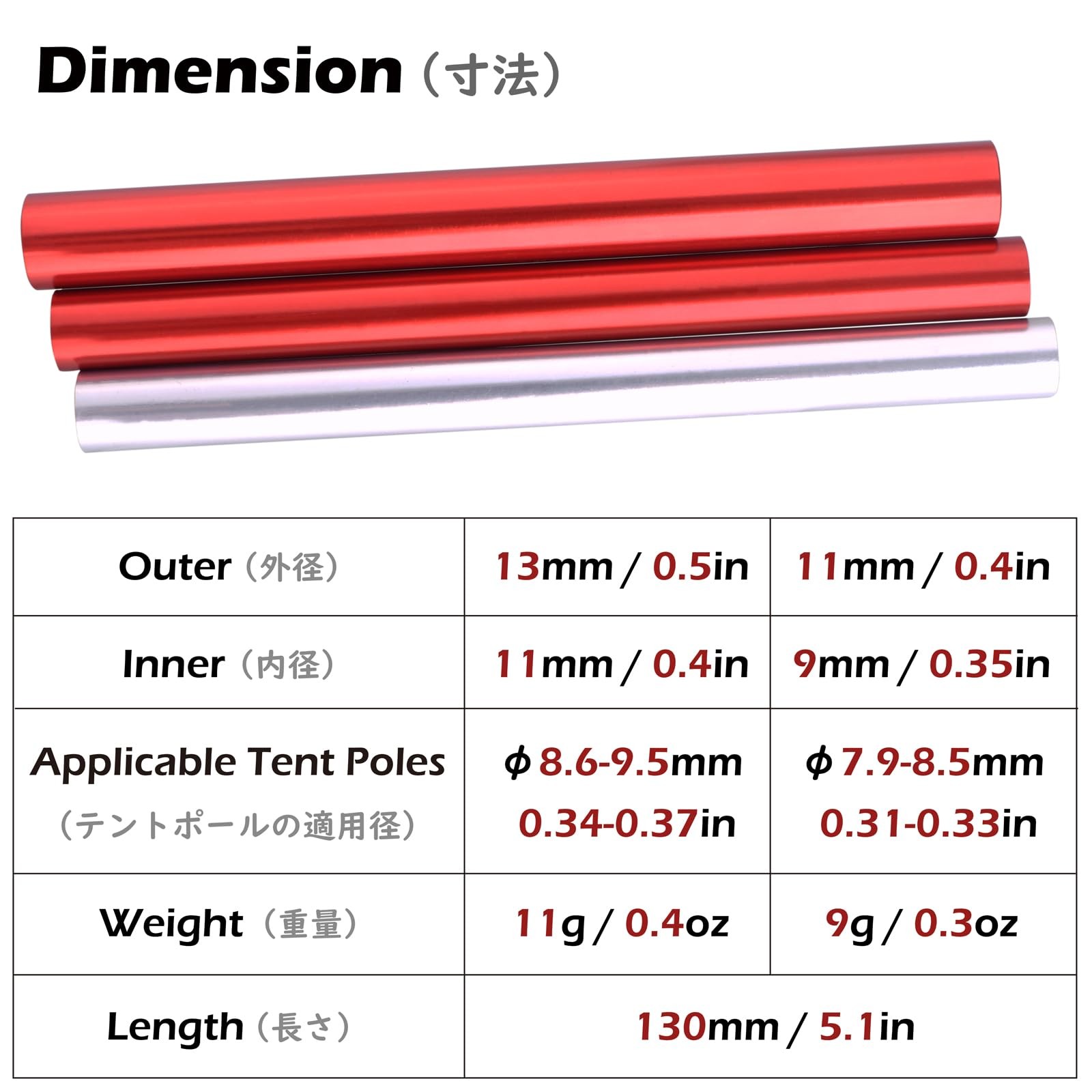 4 Pack Tent Pole Repair Splint Kit 13mm Red Spare Sleeve Outdoor Camping Set